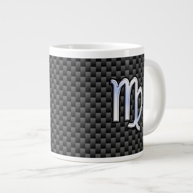 Virgo Zodiac Sign on Charcoal Carbon Fibre Style Large Coffee Mug (Front Right)