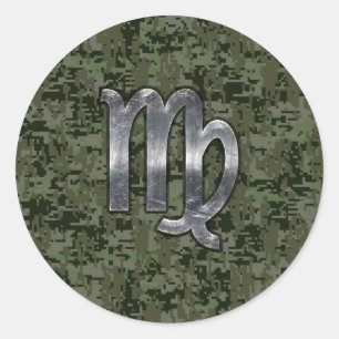 Virgo Zodiac Sign on Green Digital Camo Classic Round Sticker