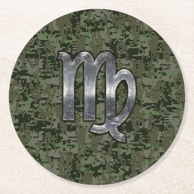 Virgo Zodiac Sign on Green Digital Camo Round Paper Coaster (Front)