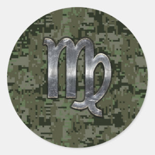 Virgo Zodiac Sign on Green Digital Camo Style Classic Round Sticker