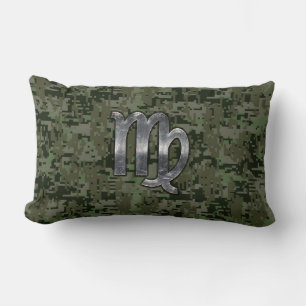 Virgo Zodiac Sign on Green Digital Camo Style Lumbar Cushion
