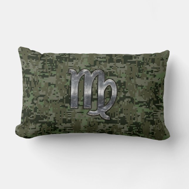 Virgo Zodiac Sign on Green Digital Camo Style Lumbar Cushion (Front)