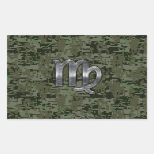 Virgo Zodiac Sign on Green Digital Camo Style Rectangular Sticker