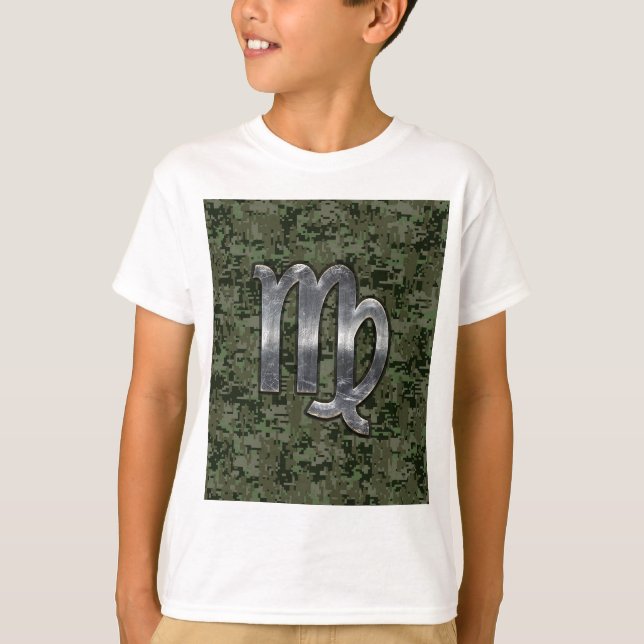 Virgo Zodiac Sign on Green Digital Camo Style T-Shirt (Front)