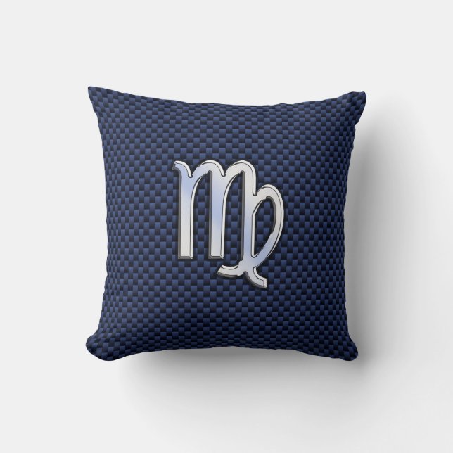 Virgo Zodiac Sign on Navy Blue Carbon Fiber Style Cushion (Front)