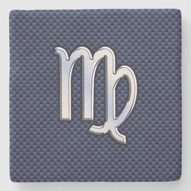 Virgo Zodiac Sign on Navy Blue Carbon Fibre Print Stone Coaster (Front)