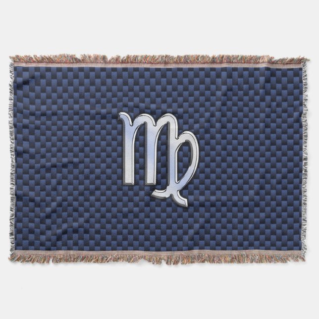 Virgo Zodiac Sign on Navy Blue Carbon Fibre Print Throw Blanket (Front)