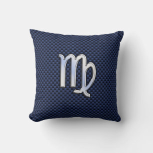 Virgo Zodiac Sign on Navy Blue Carbon Fibre Style Cushion