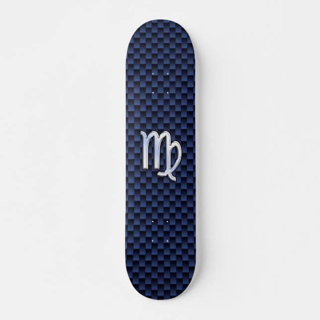 Virgo Zodiac Sign on Navy Blue Carbon Fibre Style Skateboard (Front)