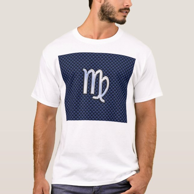 Virgo Zodiac Sign on Navy Blue Carbon Fibre Style T-Shirt (Front)