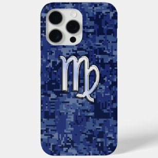 Virgo Zodiac Sign on Navy Blue Digital Camo iPhone 15 Pro Max Case
