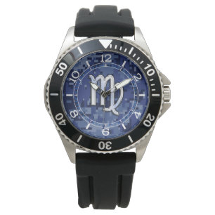 Virgo Zodiac Sign on Navy Blue Digital Camo Dial Watch