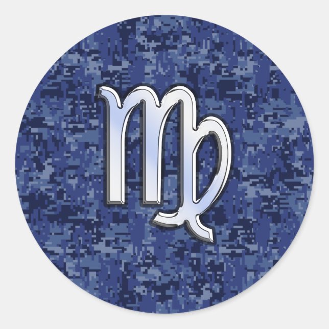 Virgo Zodiac Sign on Navy Blue Digital Camouflage Classic Round Sticker (Front)