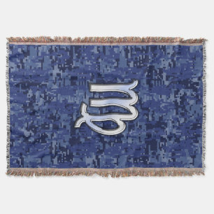 Virgo Zodiac Sign on Navy Blue Digital Camouflage Throw Blanket