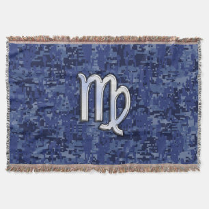 Virgo Zodiac Sign on Navy Blue Digital Camouflage Throw Blanket