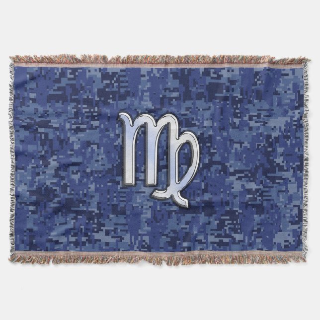 Virgo Zodiac Sign on Navy Blue Digital Camouflage Throw Blanket (Front)