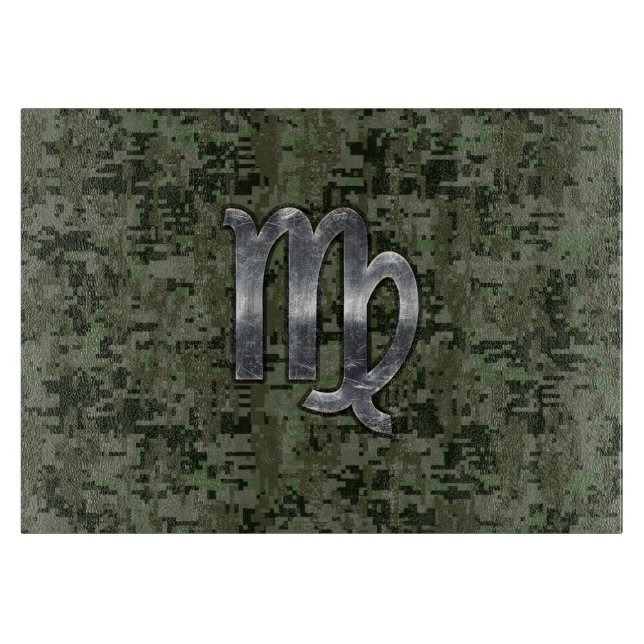 Virgo Zodiac Sign on Olive Green Digital Camo Cutting Board (Front)