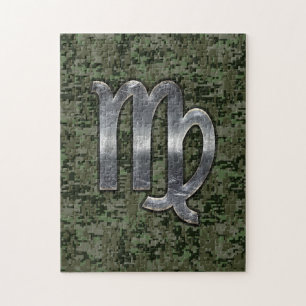 Virgo Zodiac Sign on Olive Green Digital Camo Jigsaw Puzzle