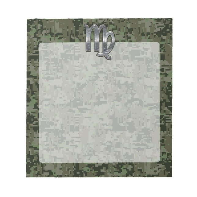 Virgo Zodiac Sign on Olive Green Digital Camo Notepad (Front)
