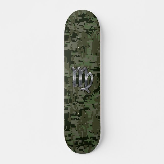 Virgo Zodiac Sign on Olive Green Digital Camo Skateboard (Front)
