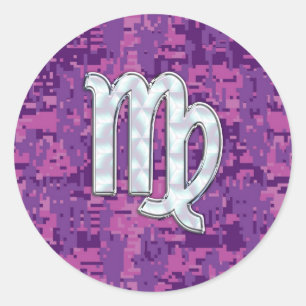 Virgo Zodiac Sign on Pink Digital Camouglage Classic Round Sticker