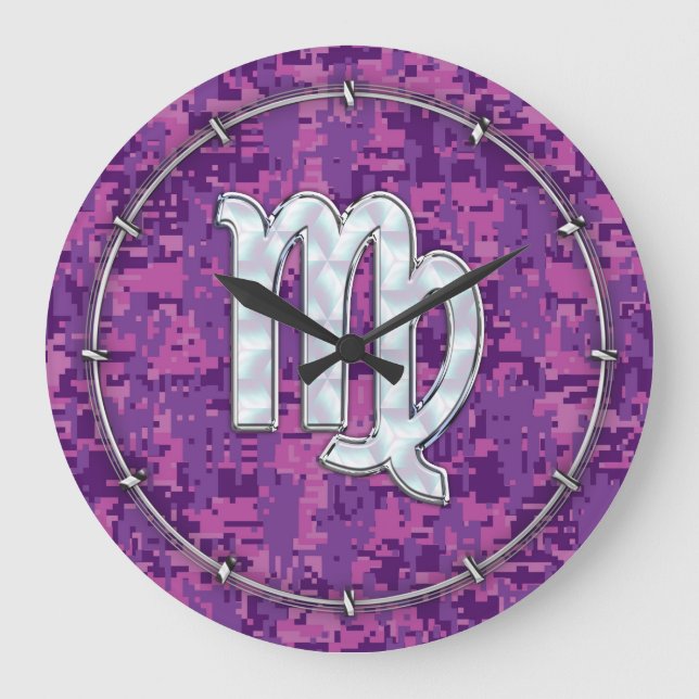 Virgo Zodiac Sign on Pink Digital Camouglage Large Clock (Front)