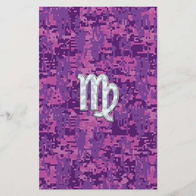 Virgo Zodiac Sign on Pink Digital Camouglage Stationery (Front)