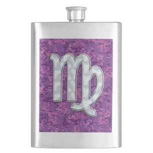 Virgo Zodiac Sign on Pink Fuchsia Digital Camo Hip Flask