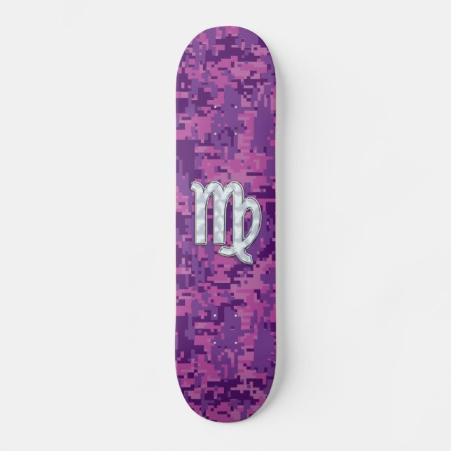 Virgo Zodiac Sign Pink Fuchsia Digital Camouflage Skateboard (Front)