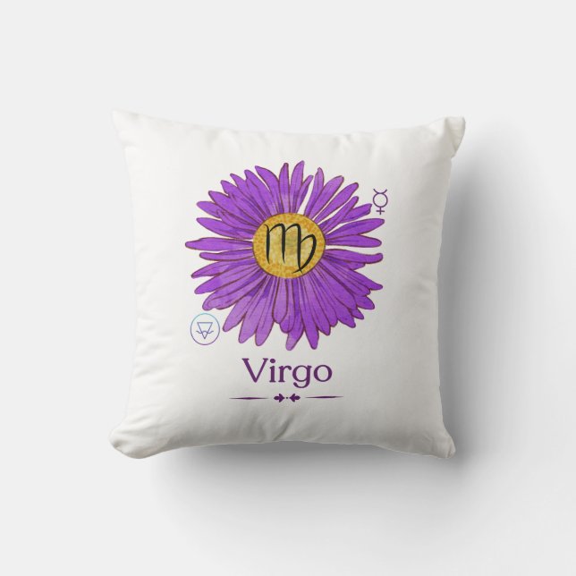 Virgo Zodiac Sign Throw Pillow Purple Aster Flower (Front)