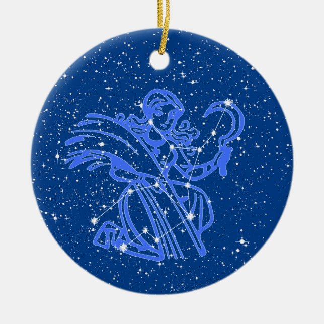 Virgo Zodiac Sign with Stars on Deep Blue Ceramic Ornament (Front)