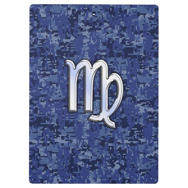 Virgo Zodiac Silver Sign on Navy Blue Digital Camo Clipboard (Back)