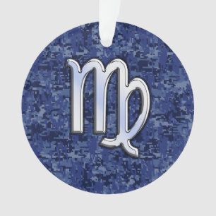 Virgo Zodiac Silver Sign on Navy Blue Digital Camo Ornament