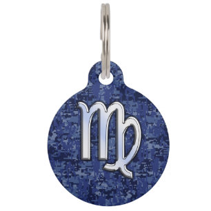 Virgo Zodiac Silver Sign on Navy Blue Digital Camo Pet Tag