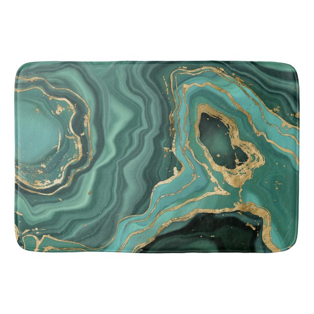 Viridian Green Marble and Gold Abstract Bath Mat (Front)