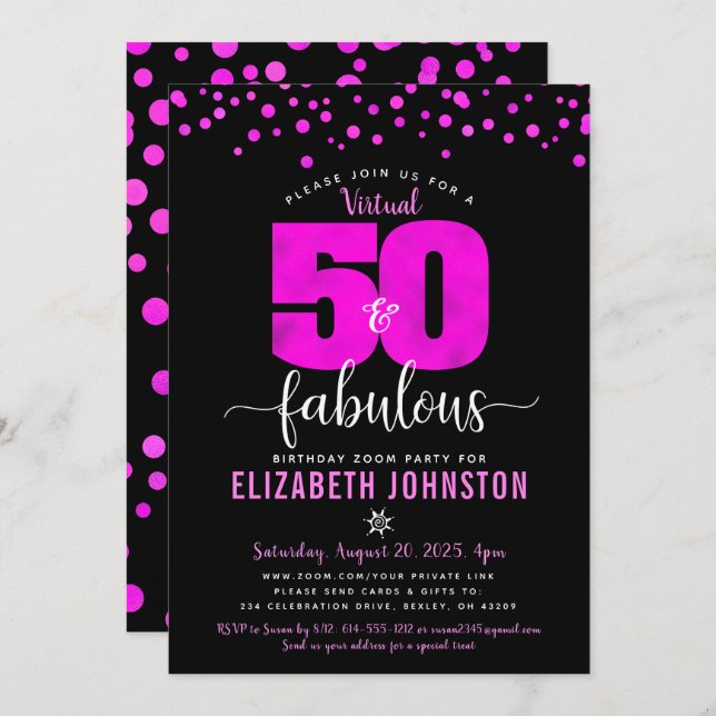 Virtual 50 and fabulous birthday hot pink dots invitation (Front/Back)