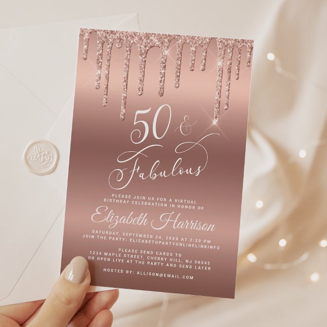 Virtual 50th Birthday Party Rose Gold Glitter Invitation (50 & Fabulous: Toast to a Life Well Celebrated!)