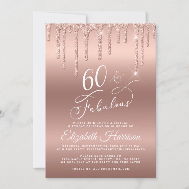 Virtual 60th Birthday Party Rose Gold Glitter Invitation (Front)