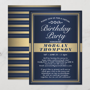 Virtual Any Birthday Navy Blue Gold & White Party Invitation