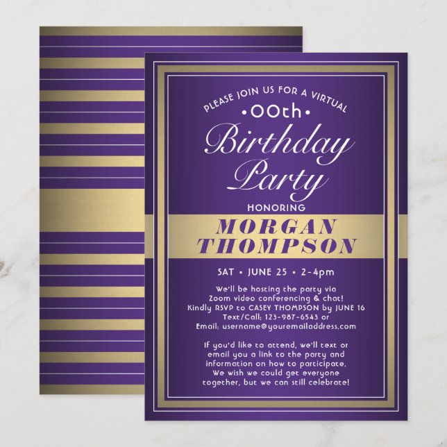 Virtual Any Birthday Purple Gold and White Party Invitation (Front/Back)