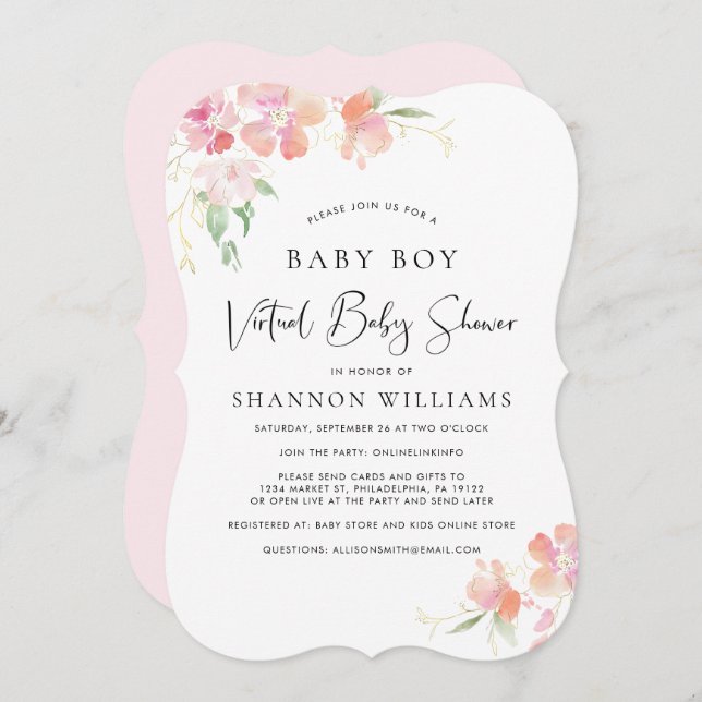 Virtual Baby Boy Shower Pink Floral Watercolor Invitation (Front/Back)
