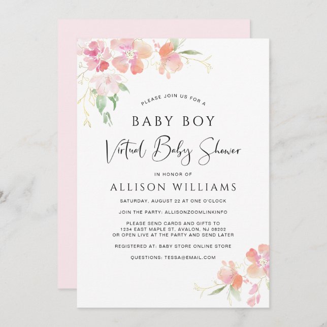 Virtual Baby Boy Shower Pink Floral Watercolor Invitation (Front/Back)