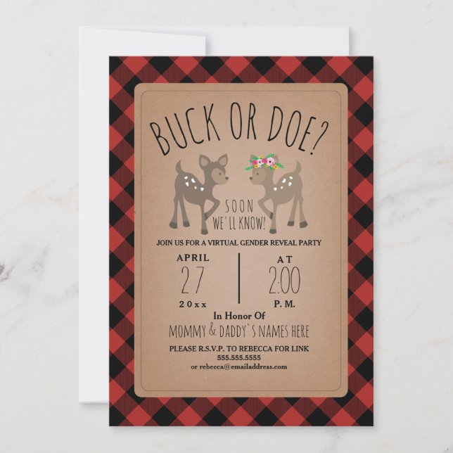 Virtual Baby Gender Reveal Party Deer Plaid Invitation (Front)