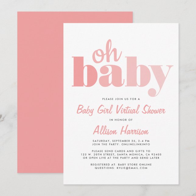 Virtual Baby Girl Shower Oh Baby Coral Invitation (Front/Back)