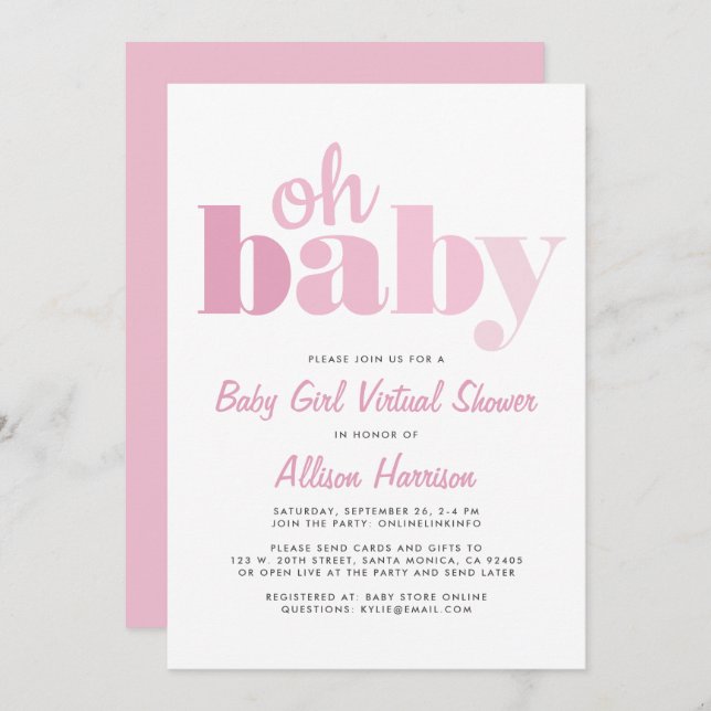 Virtual Baby Girl Shower Oh Baby Pink Invitation (Front/Back)