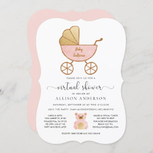Virtual Baby Girl Shower Retro Carriage Pink Gold Invitation