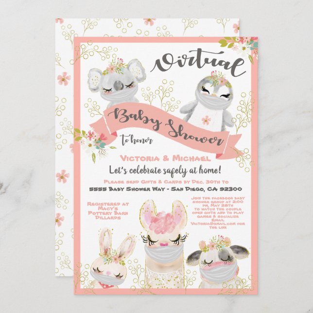 Virtual Baby Shower Animals with Masks Invitation (Front/Back)