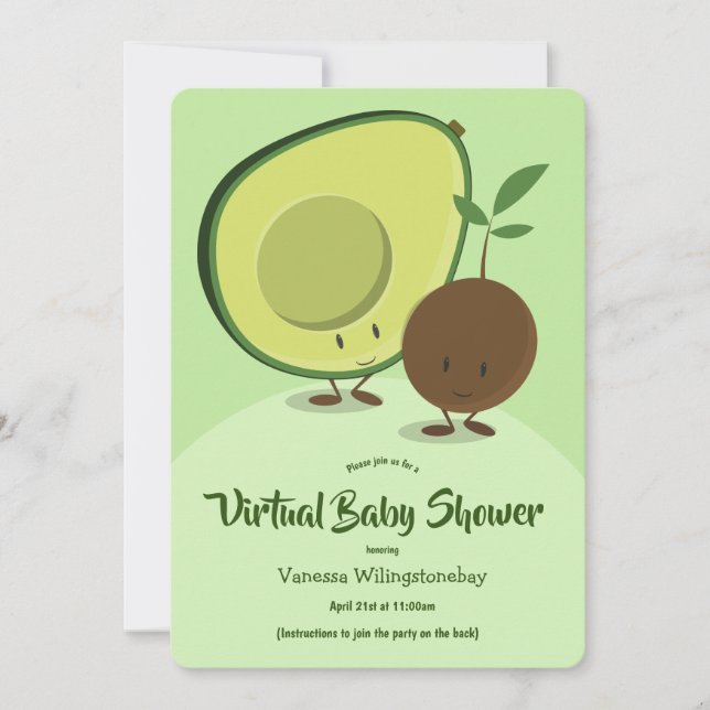 Virtual Baby Shower Avocado and Pit Cartoon Invitation (Front)