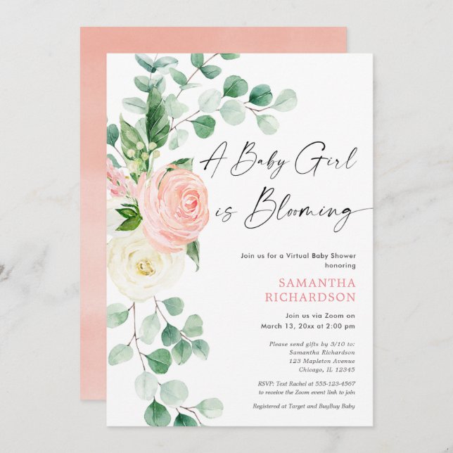 Virtual baby shower Baby girl is blooming spring Invitation (Front/Back)