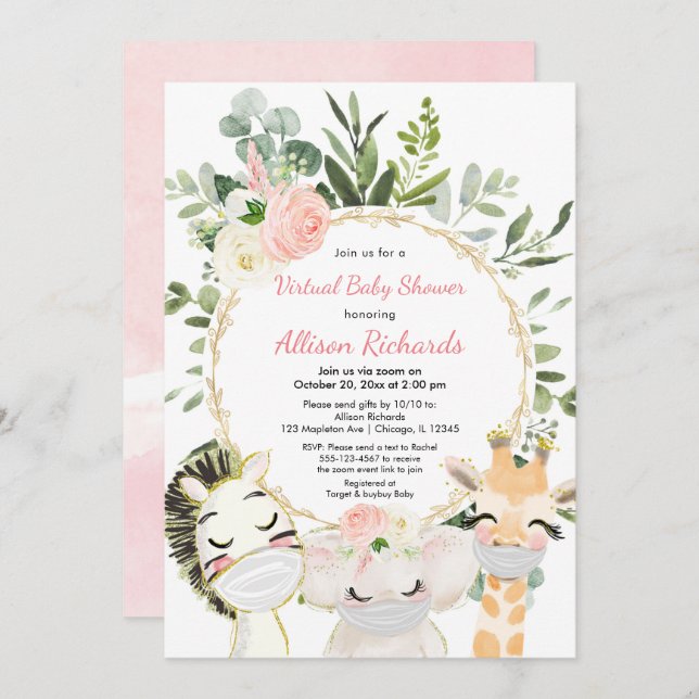 Virtual baby shower blush pink gold floral animals invitation (Front/Back)